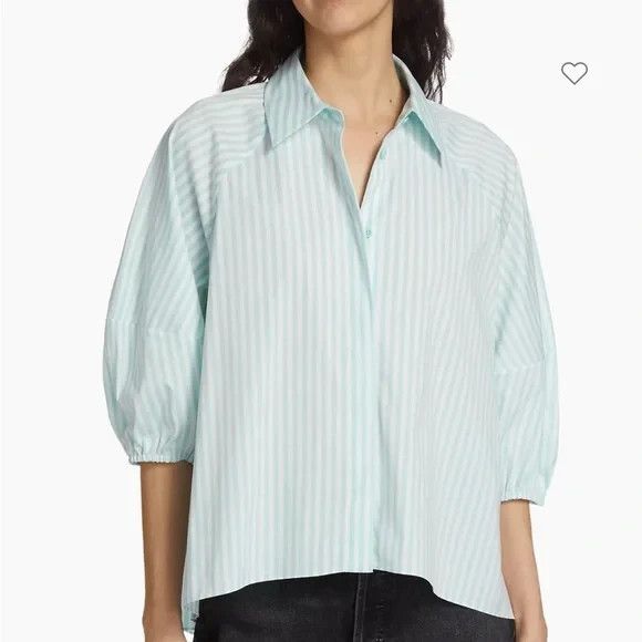 Alice + Olivia Edyth Striped Oversized Button-Front Shirt L Balloon Sleeve Blue - Picture 1 of 9
